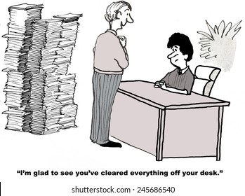 The Businesswoman Is Overworked And Has Stacks Of Paperwork To Do, But Her Boss Feels Better When Her Desk Is Clear.