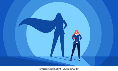 Businesswoman With Superhero Shadow. Strong, Confident And Successful Business Woman. Leadership, Courage, Power, Success  Concept. Female Boss Or Manager Succeed, Having Promotion