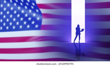 Businesswoman from USA. Flag of united states. Silhouette of woman with laptop. Lady politician from USA. Concept of doing business in America. American woman near glowing tunnel. 3d image - Powered by Shutterstock