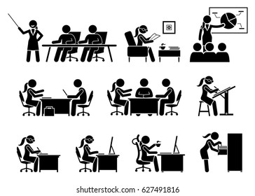Businesswoman Working in an Office. Artworks depict business woman works by doing presentation, reading, making business proposal, discussion, writing, and using computer. 