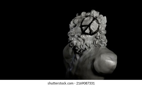 Bust of Laocoon, 3D visualization. A suffering Laocoon with the graffiti of the pacificus sign on his face, the concept of suffering because of the peacekeepers.
