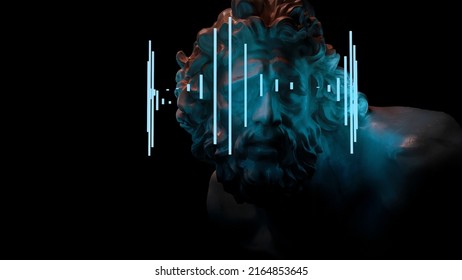 Bust of a Laocoon with a neon hologram on his eyes. The rhythm of a music track or voice message, bright modern 3d art 