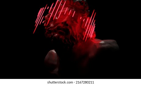 Bust of a Laocoon with a neon hologram on his eyes. The rhythm of a music track or voice message, bright modern art, 3D rendering