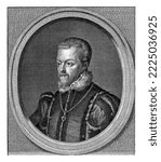 Bust to the left of Philip II, King of Spain in an oval. The portrait rests on a plinth on which his name and title are in two lines in Dutch.