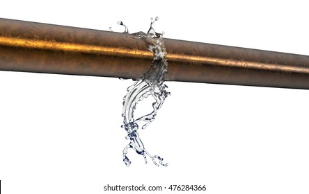 busted copper pipe with water leaking out, 3d illustration