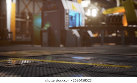 A bustling industrial workspace features advanced machinery designed for cutting edge production. Bright lights illuminate the equipment, highlighting the intricate details and vibrant colors.