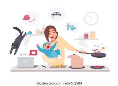Busy Mother With Baby, Multitask Woman. Motherhood, Cartoon Flat Illustration