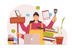 Busy Multitask Woman With Many Hands Working With Laptop And Kitchen Tools. Cartoon Overworked Housewife Cooking Food, Holding Frying Pan, Books, Mop Flat Illustration. Time Management Concept