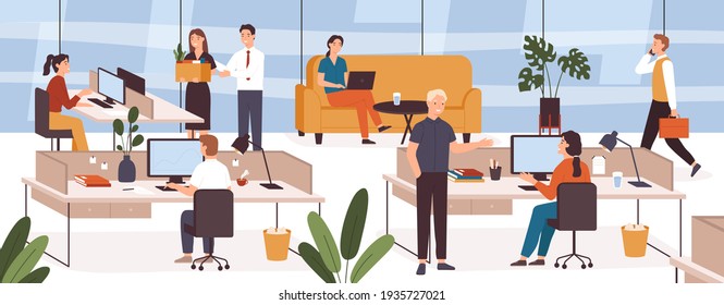 Busy People In Office. Company Modern Workplace Interior With Employees Sitting Tables And Computers. Scene With Work Process  Concept