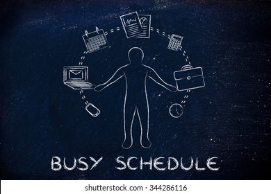 Busy Schedule Concept: Metaphor Of Business Man Juggling With Office Objects