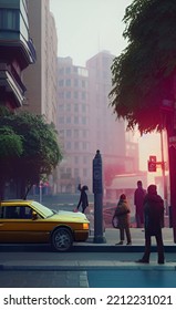 A Busy Street Corner With People And Cars