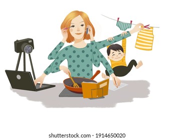 Busy woman doing simultaneously many tasks cooking cleaning reading working baby caring and talking on the phone. Modern mother concept. Clipping path included. Raster