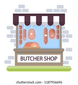 Butcher Shop Storefront. Building Exterior With Products.