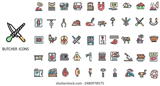 Butcher simple concept 50 icons set. Contains such Pork, Beef, Goose, Chicken, Duck, Lamb, Steak, Spare Ribs.Vector illustration. - Powered by Shutterstock