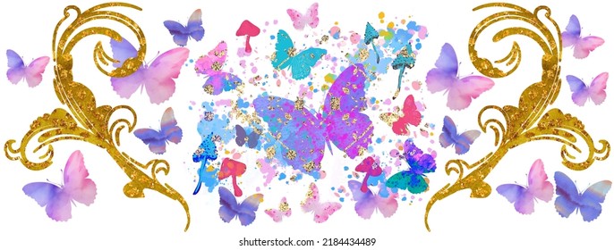 Butterflies, mushrooms, flowers, watercolour splash. Golden texture, multicoloured pattern. Christmas, wedding, birthday, holiday illustration.