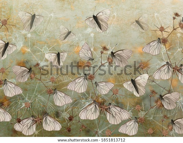 Butterflies on thorns painted on the grunge green wall. Beautiful design for wallpaper mural, card, photo wallpaper.