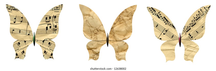 Butterflies set made of the old paper isolated on white. The file includes clipping path.