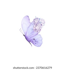 Butterfly blue violet purple flowers peony watercolor watercolour poster print painting art room decor wall design abstract sketch nature study artist inspired summer spring wedding vibe insect wings - Powered by Shutterstock