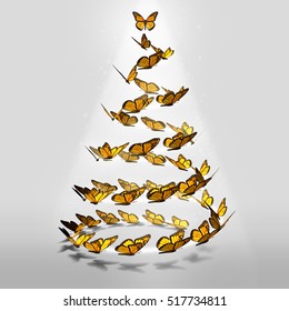 Butterfly Christmas tree as a magical winter holiday group of butterflies shaped as an evergreen pine as a festive seasonal symbol for hope and joy in the new year as a 3D illustration.