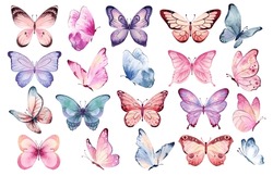 Butterfly Collection. Watercolor Illustration. Colorful Butterflies Clipart Set. Pink Blue Butterfly. Baby Shower Design Elements. Party Invitation, Birthday Celebration. Spring Or Summer Decoration