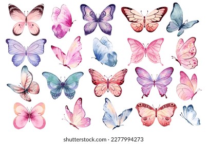 Butterfly collection. Watercolor illustration. Colorful Butterflies clipart set. Pink blue butterfly. Baby shower design elements. Party invitation, birthday celebration. Spring or summer decoration