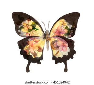 Butterfly With Flowers. Watercolor 