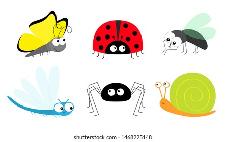 Butterfly Lady bug ladybird Fly Housefly Spider Snail Dragonfly insect icon set. Baby kids collection. Cute cartoon kawaii funny character. Smiling face. Flat design. White background.
