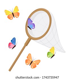 Butterfly net and colorful butterflies. Classic net design, wooden handle. raster illustration isolated on white background.