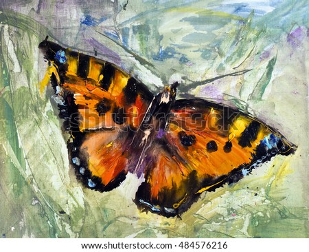 Butterfly on the grass oil canvas, modern contemporary art, watercolor painting, pictorial art, Russian art trend