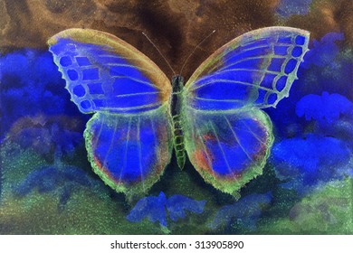 Butterfly in a phantasy world. The dabbing technique gives a soft focus effect due to the altered surface roughness of the paper.