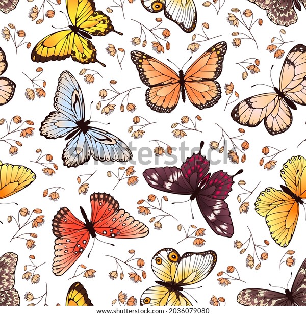 Butterfly seamless pattern. Butterflies and flowers, adorable spring or summer fabric, wallpaper graphic repeating texture. Flying beautiful colorful insects and plants design