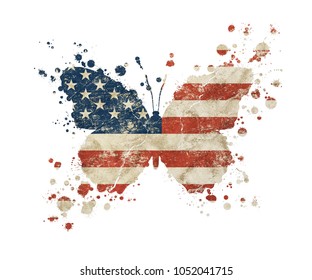 Butterfly Shaped Old Grunge Vintage Dirty Faded Shabby Distressed American US National Flag With Paint Drops Splattered Isolated On White Background