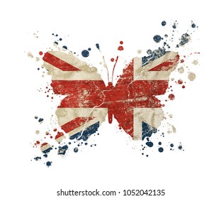 Butterfly Shaped Old Grunge Vintage Dirty Faded Shabby Distressed UK Great Britain National Flag With Paint Drops Splattered Isolated On White Background