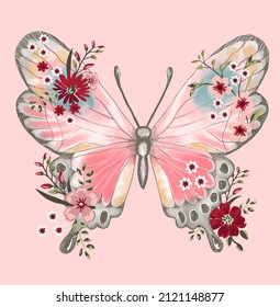 Butterfly Watercolor With Flowers And Candy Colors