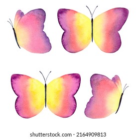 Butterfly Watercolor Set. Pink, Yellow, Purple Watercolor Butterflies