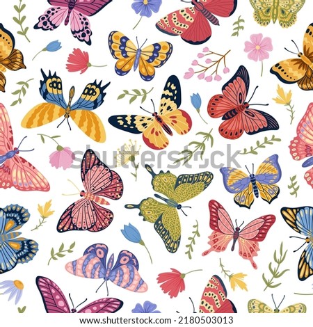 Butterfly wings insects seamless pattern, elegant butterflies print. Cartoon exotic flying butterfly insects background illustration. Colorful beautiful fly butterfly pattern