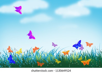 Butterfly World Grass Field Stock Illustration 1130649524 