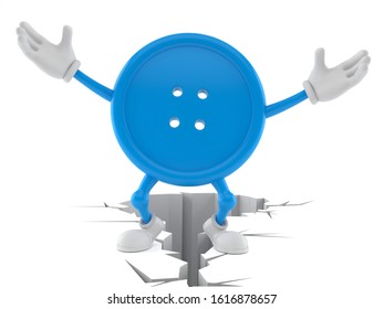 Button character standing on cracked ground isolated on white background. 3d illustration