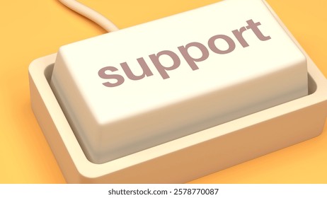 The button represents customer service, technical assistance, online help, troubleshooting, and user support in digital spaces. A close-up of a computer keyboard with the word Support. 3D Illustration