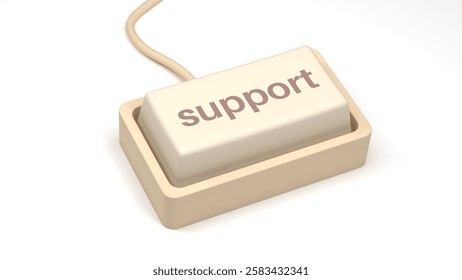 The button represents customer service, technical assistance, online help, troubleshooting, and user support in digital spaces. A close-up of a computer keyboard with the word Support. 3D Illustration
