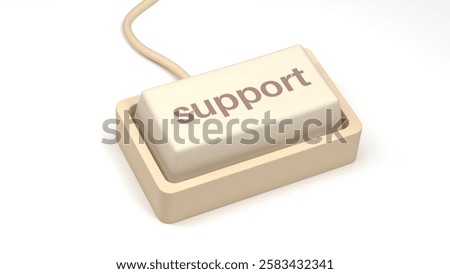 The button represents customer service, technical assistance, online help, troubleshooting, and user support in digital spaces. A close-up of a computer keyboard with the word Support. 3D Illustration