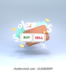 Buttons for buying and selling on the background of a wallet with money. The concept of buying and selling currency. 3D rendering.