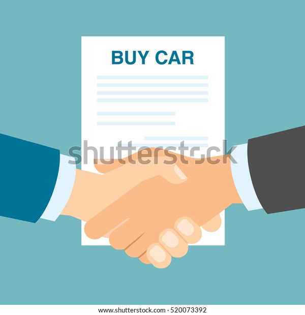 Buy car contract handshake. Men\
shaking hands in agreement about buying car. Agency selling\
cars.