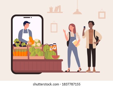 Buy food in online farm market shop illustration. Cartoon flat happy characters shopping, people buying organic vegetables and fruits, using smartphone app farmers store advertising background - Powered by Shutterstock