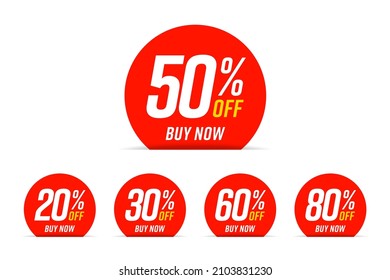 Buy Now With 50, 20, 30, 60, 80 Percent Off Round Sticker. Set Of Red Sale Label, Product Stamp Emblem With Special Percentage Discount Offer Illustration Isolated On White Background