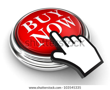 buy now red button and cursor hand on white background. clipping paths included