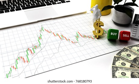 buy or sell business graph and money background investment and financial investor stock market and money candlestick graph chart with indicator copy space minimal concept flat lay 3D illustration