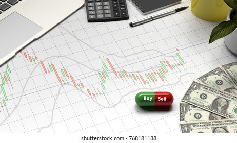 buy or sell business graph and money investment and financial investor stock market and money candlestick graph chart with indicator  for copy space object minimal concept flat lay 3D illustration
