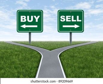 Buy and sell decision dilemma crossroads of financial investing using a stock broker investment adviser and a symbol of difficult choices for profit or loss in finances and business of future savings.