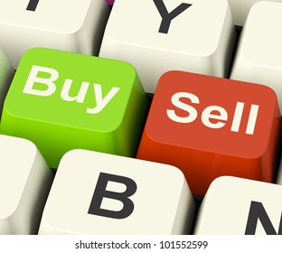 Buy And Sell Keys Represents Business Trade Or Stocks Online Such As B2B Or B2C. Shows Wholesaler In A Virtual Marketplace.